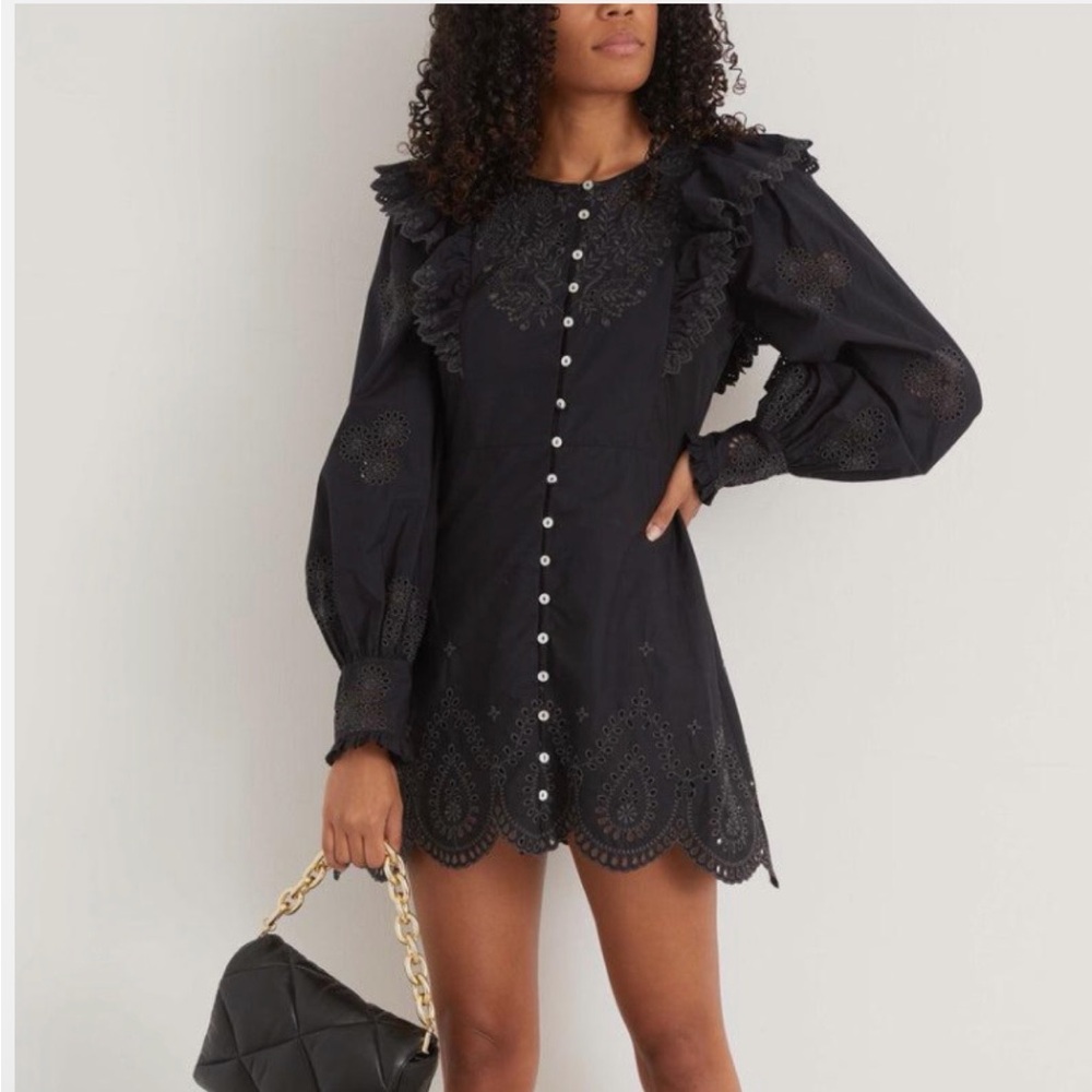LoveShackFancy Black Eyelet Ruffle Long-Sleeve Mini Dress